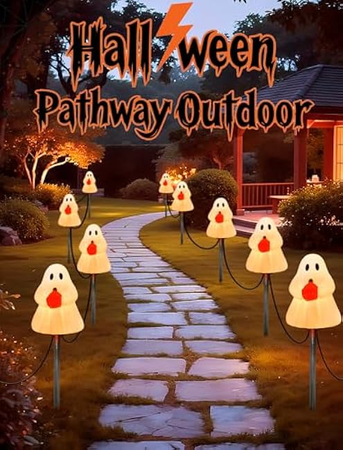 7Ft Halloween Ghost Pathway Lights Outdoor, C7 Connectable Halloween Decoration Markers Stake String Lights with 4 Elves Holding Pumpkin Walkway Lights, Plug-in Night Lights for Yard Patio Garden Lawn