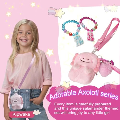 Axolotl Gift Set for Girls - Cute Axolotl-Themed Toy Box with Fluffy Diary, Stickers,Pen, Crocheted Stuffed Animal, Pink Purse, Necklace, Keychain, and More Axolotl Stuff - Birthday Gifts for Kids - Image 6