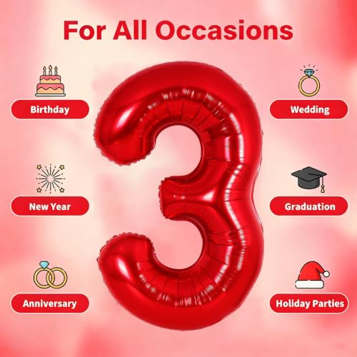 Image of Number Balloons Red Party Balloon - 40 Inch Large Number 3 Balloon, Numbers Balloon Birthday Decorations, Red Party Supplies for Anniversary