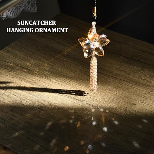 Image of AuMoHall Crystal Flower Rear View Mirror Pendant Car Hanging Ornament Lucky Charm with Dangle Beads, Champagne