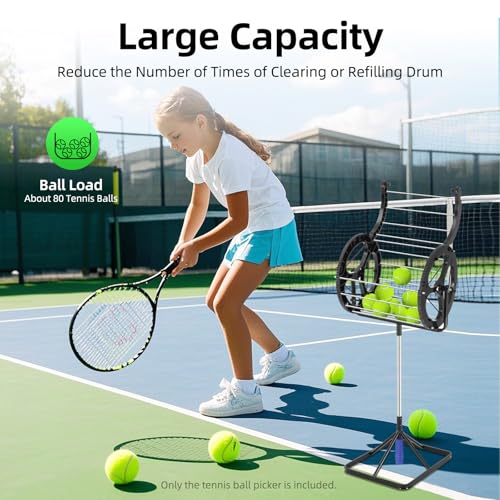 FXEIPOL Tennis Ball Hopper 80 Balls Capacity, Height Adjustment, Pushable & Standable Tennis Ball Rolling Collector Basket Holder for Training Grounds, Home Backyards, Clubs, Schools