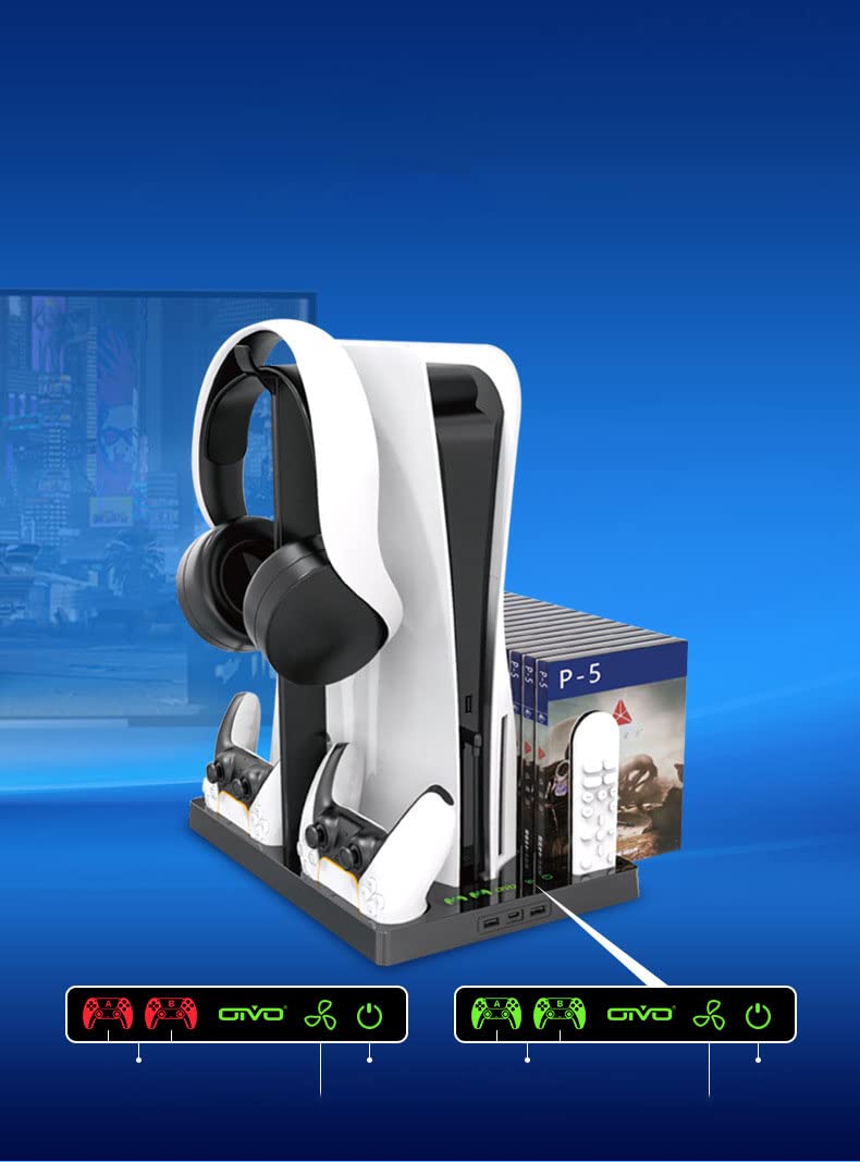 PS5 Multifunctional Controller Charging Station with LED, Multifunctional Cooling Base, Dual Charger Docking Station for PS5 with Headset Holder (White, PS5) IV-P5246