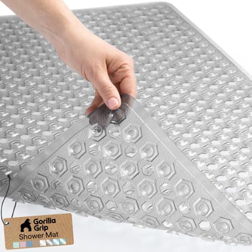 Image of GORILLA GRIP Patented Bath Tub Shower Mat, Machine Washable Bathtub Floor Liner Mats, Suction Cups and Drain Holes to Keep Tubs Clean, Soft on Feet, Bathroom Essentials, 35x16 Inch, Clear Gray