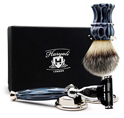 Haryali London Mens Shaving Kit 3 Edge Razor with Synthetic Badger Hair Shaving Brush, Brush Stand and Cone Shaped Razor Stand Perfect Set for Men