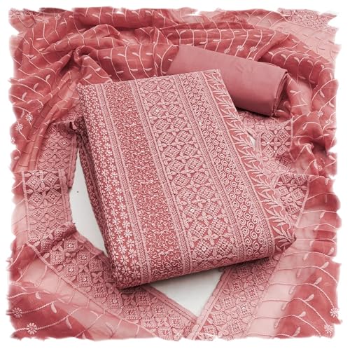 Image of Sidhidata Women's Faux Georgette Full Embroidery Lucknowi Chikankari Schiffli Work Unstitched Salwar Suit Dress Material With Embroidered Dupatta (DM Lucknowi Free Size)