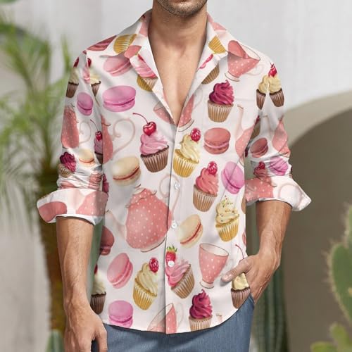 Long Sleeve Button Down Shirts for Men - Macaroon Cupcake Print Pink V-Neck Casual Button Up Shirt Men with Pocket2