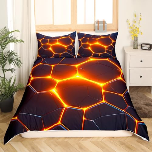 Boys Honeycomb Bedding Set Twin Size Black and Gold Honeycomb Duvet Cover,Girls Kids Beehive Geometrical Comforter Cover Geometric Hexagon Bedspread Cover Neon Lights Bedding