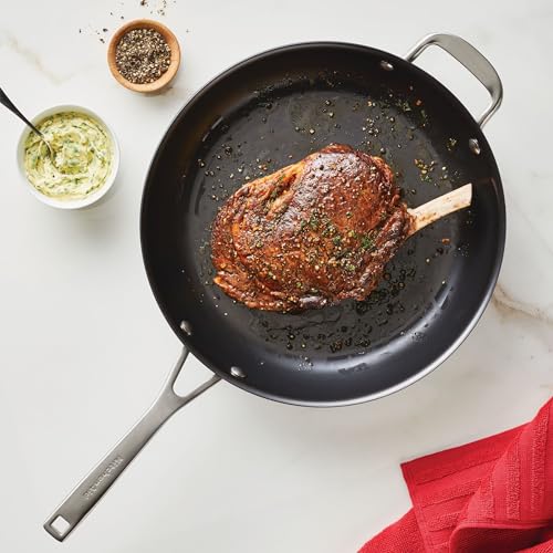 Image of KitchenAid NITRO Carbon Steel Frying Pan /Skillet, Stainless Steel Handle, Compatible with All Cooktops, 12 Inch Fry Pan with Side Handle - Black