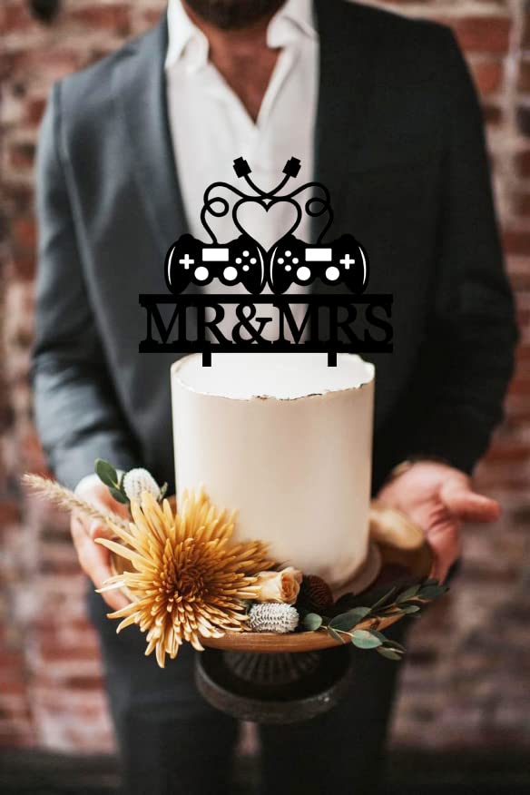 Gamer Couple Wedding Cake Topper - Game Controllers Cake Topper with Heart-Shaped Cable, Perfect for Gaming Couples' Wedding Cake Decoration 1
