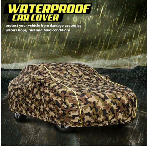 Image of Waterproof Car Body Cover for Thar All Weather Protection Comes with Inner Cotton Lining & Triple Stitched with Mirror & Antenna Pocket Belt & Elastic Fit Army with Yellow Piping2