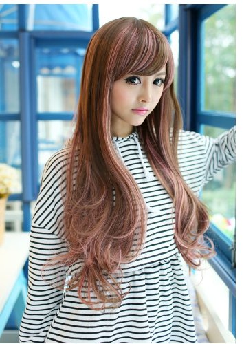 X&Y ANGEL Two Tone Long Stunning Fashion Highlights Cosplay Brown Mixed Pink Wigs K77