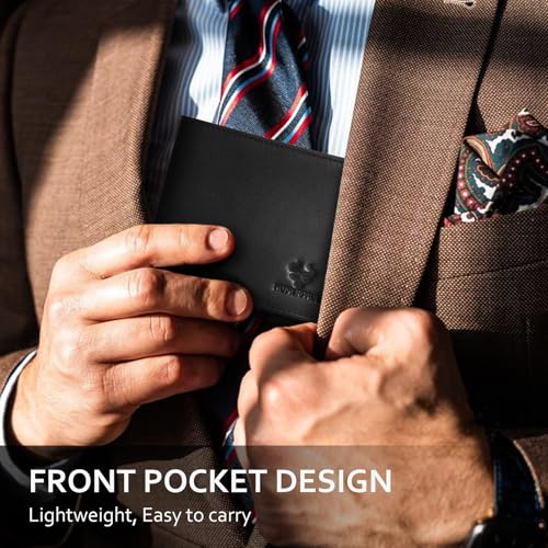 Slim Men Wallets, RFID Blocking Genuine Leather Bifold Wallet Minimalist Front Pocket With ID Window (Black)2