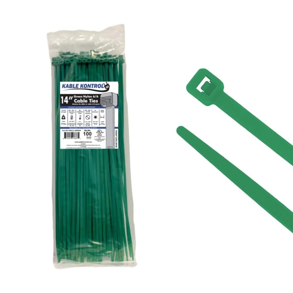 Kable Kontrol Green Zip Ties 14 Inch 100 Pcs, 50 Lbs Tensile Strength, Self-locking Nylon Colored Cable Ties Wire Wraps for Indoor or Outdoor Use