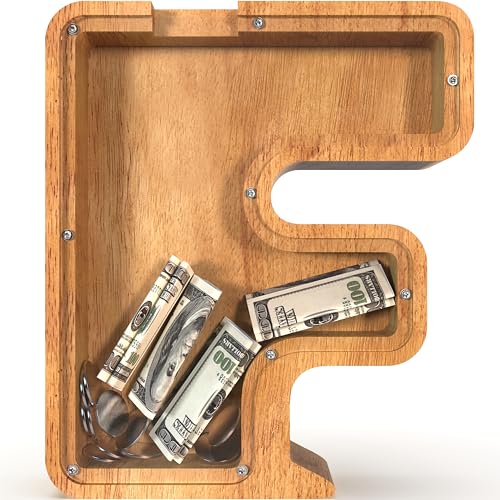 Image of Piggy Bank for Kids Boys Girls, Large Personalized Wooden Letter Piggy Bank with Cut-Out Design, Alphabet Letter Coin Banks, Money Savings Box, Wooden Bank for Kids Creative Gift for Real-Money(F)