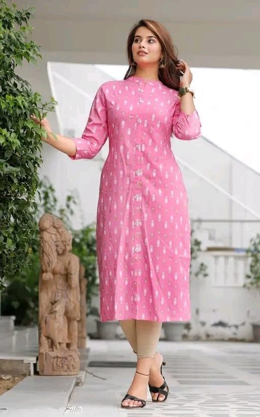Image of Women's Printed Straight Kurti, 3 /4 Sleeves, Button-Down Front, Side Slits with Pockets
