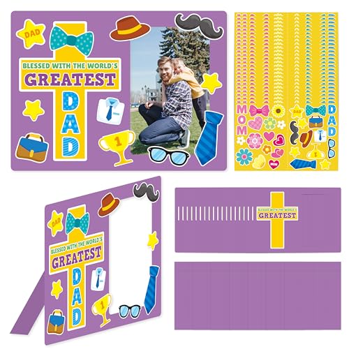 BeYumi Religious Picture Frame Craft - 28Pcs Father's Day Religious Photo Frame Craft Kit for Kids DIY Cross Picture Holder Christian Sunday School Classroom Home Father's Day Gift Set Fun Activities
