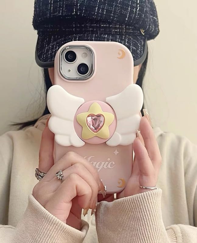 Image of COVERLY 3D Cute Magical Fairy Angel Wings Folding Fly Cartoon Magic Stars Premium Heart Shaped Diamond Phone Stand Holder Soft Silicone Cover Girly Love Cute Adorable Case for Apple iPhone 12 Pro