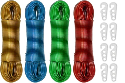 Image of 20 Meters Strong Steel Core Clothes Line with 8 Pcs Plastic Hooks, PVC Coated, Weather & Rust Resistant, Easy to Use, Indoor, Outdoor, Garden, Laundry Rooms & Camping (Multicolor) Pack of (4)