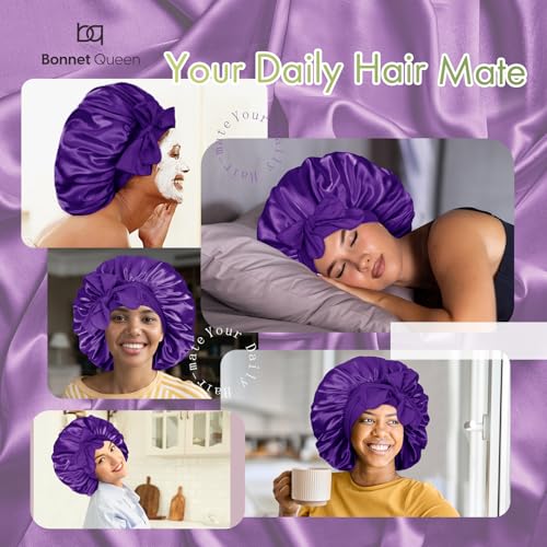 Image of BONNET QUEEN Silk Bonnet for Sleeping Satin Bonnet Women Hair Wrap Night Sleep Cap Scarf Wrap for Curly Hair with Tie Band, Large, Purple