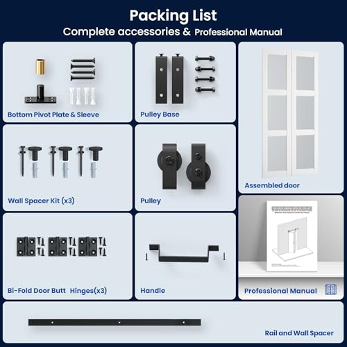 SMARTSTANDARD 30in x 84in Bifold Barn Door, Frosted Glass Barn Door with Hardware Kit Included, Pre-Drilled Holes Easy Assembly -Solid Barn Doors Slab Covered with Water-Proof PVC Surface, White by SMARTSTANDARD - Image 9