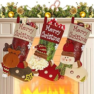 Christmas Stocking Set of 3, 18.9" Large Xmas Stockings 3D Handmade Personalised Christmas Stockings Candy Stocking Pouch for Tree Decorations, Christmas Ornament Gift Bag (Santa, Snowman, Reindeer)