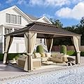 YOLENY 12' x 16' Gazebo, Galvanized Steel Double Roof Hardtop Gazebo with Aluminum Frame, Permanent Outdoor Metal Pavilion with Curtain and Netting for Patio, Lawn and Garden