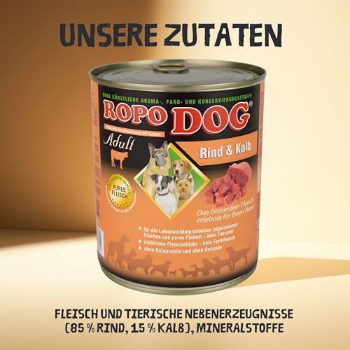 ROPODOG Hundefutter Nassfutter 6×800 g für Erwachsene Hunde Aller Rassen Premium Qualität getreidefrei, proteinreich, gut verträglich – Vollnahrung im Vorratspack (Rind & Kalb)