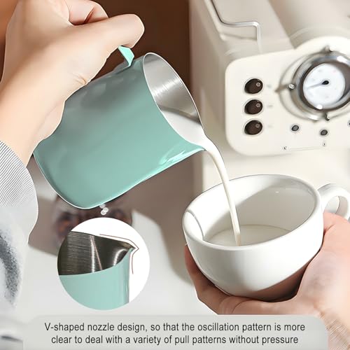 Milk Frothing Jug,Tianher Milk Jug Cup Stainless Steel Frothing Pitcher 350ml with Measurement and Latte Decorating Art Pen for Barista Making Coffee Cappuccino(Green) - Image 4