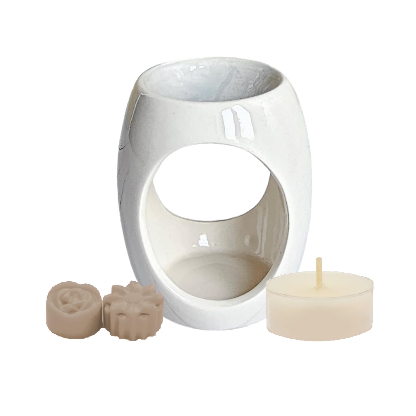 Light Grey/White Oval Cutout Ceramic Oil Burner Wax Melter Starter Gift Set with Two Assorted Highly Scented Soy Wax Melts and One Unscented Soy Wax Tealight Candle
