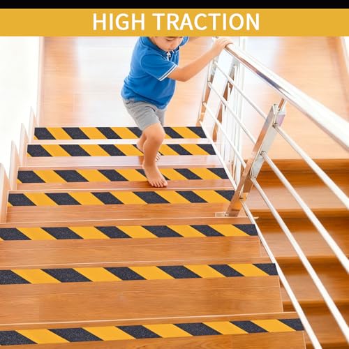 Image of Black & Yellow Anti-Slip Stair Treads Tape,4 inch x50FT Heavy Duty Non-Skid Grip Tape for Indoor /Outdoor Steps, Bathroom & Pool - PVC Waterproof Safety Traction Tape