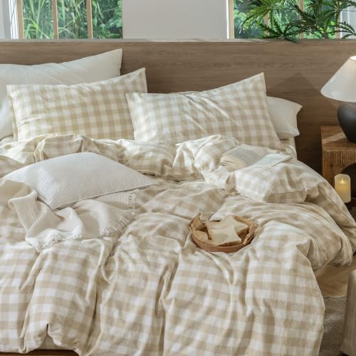 Image of MooMee Gingham Duvet Cover Set 100% Washed Cotton Linen Like