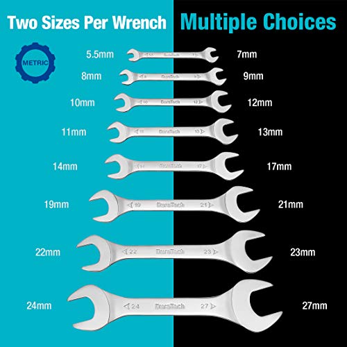 Duratech Super-Thin Open End Wrench Set, Metric, 8-Piece, Including 5.5, 7, 8, 9, 10, 11, 12, 13, 14, 17, 19, 21, 22, 23, 24, 27 Mm, Slim Spanner Wrench Set With Rolling Pouch #TOP1