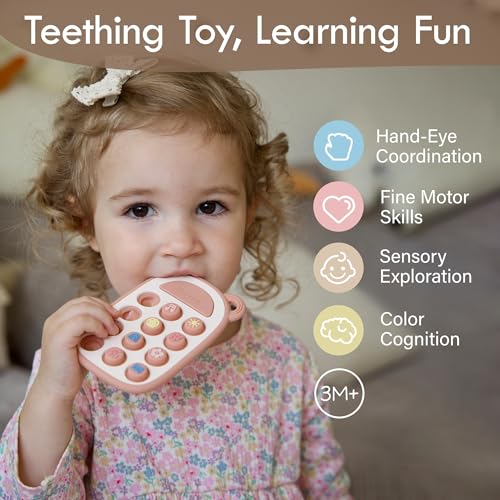 Image of Moonkie Silicone Press Phone Teething Toy for Baby 3 Months+ | Soft BPA-Free Teether with Icon & Number Pop Bubbles | Ideal Gift for Baby Girls