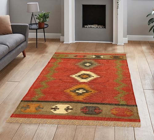 Casavani WJRH-15-2X6-FEET-RUNNER Runner - 2X6 Area Rug Reversible Kilim Rug Red Multicolor Wool & Jute Hand Woven Rug Indoor Outdoor Rug Flatweave Rug High Traffic Area Bedroom Bedside Runner Kitchen Hallway thumb #3