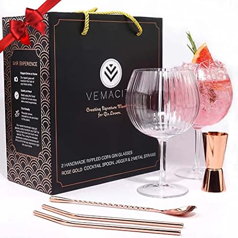 Rippled Gin Glasses for Gin Lovers-Set of 2 Handmade Rippled G&T Glasses |Rose Gold Cocktail Spoon, Double Spirit Measure, 2 Metal Straws w/Large Cocktail Glasses in Gift Box- Christmas Gifts Cover