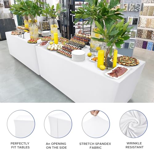 Image of Rectangle Spandex Fitted Tablecloths For Vendor 2 Pcs 96X30 Inch White | Wrinkle Resistant Elastic Table Covers for 8 Foot Folding Table,Vendor Booths, Parties, Craft Show, Trade Show, 96 x 30 Inch