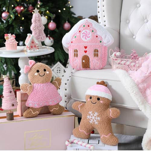 Image of Konohan 3 Pcs Christmas Gingerbread Pillows House Man Throw Pillows Stuffed Gingerbread Shaped Pillow for Christmas Party Outdoor Cushion Decorations(Pink,Lovely Style)