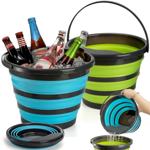 Pumtus 2 Pack Collapsible Bucket, 2.6 Gallon Foldable Round Tub with Removable Filter, Gardening Bucket for Watering Cleaning, Space Saving Outdoor Waterpot for Camping, Car Wash, Fishing Water Pail