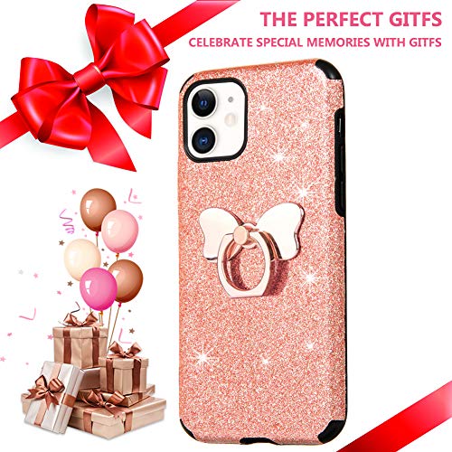 KOUYI Kompatibel mit iPhone 11, [3 in 1 Hybrid TPU Cover PC Schale mit Glitzer Kunstleder] Glitzer Mode Bling Cute Kreativ Shiny Glitter Sparkle Cover Beschützer für iPhone 11 6,1 Zoll (Rosa)