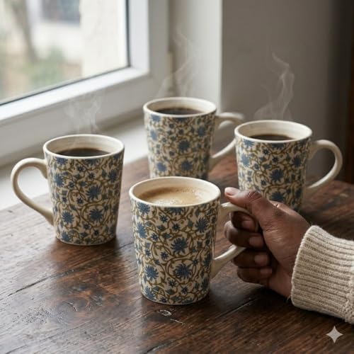 Image of miah decor Stoneware Coffee Mugs Set of 4 | Blue Floral Ceramic Tea & Coffee Cups | Microwave & Dishwasher Safe Mug Set | Food Safe Ceramic Cups for Coffee, Tea, Hot Chocolate & Bake Serve