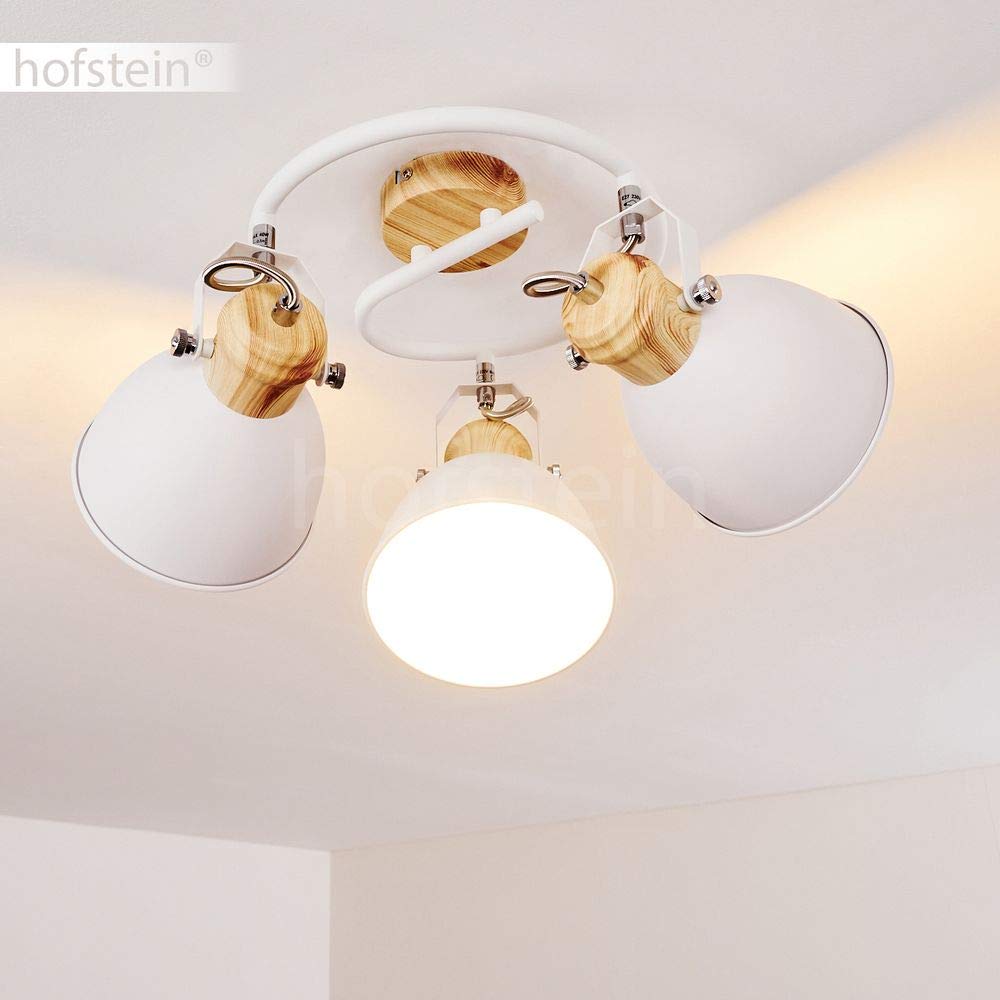 Plafoniera Banjul, plafoniera rotonda in metallo con ottica bianca/legno, a 3 luci, con faretti regolabili, 3 x attacco E27, spirale in design retrò/vintage, senza lampadina/e
