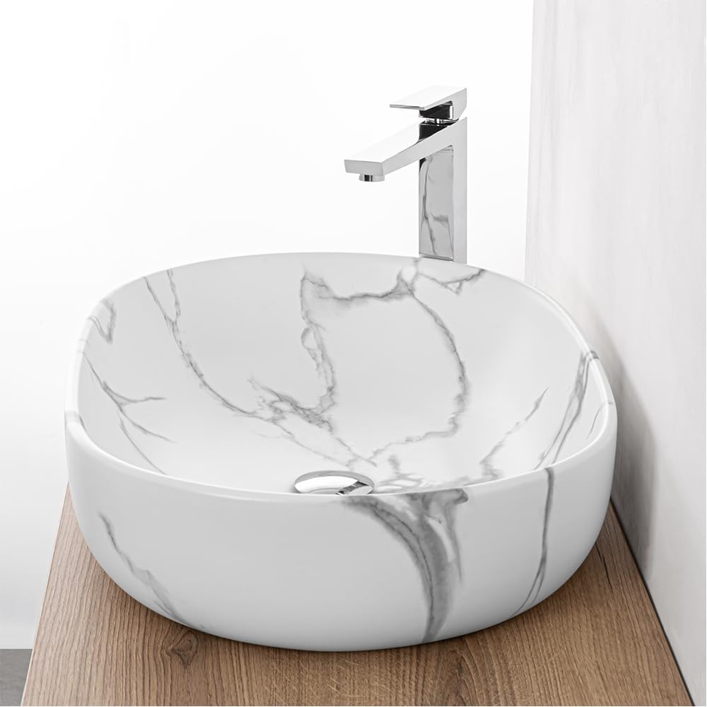 Lavabo Da Appoggio Ovale 60x41 Cm Dal Design Moderno In Ceramica Dall’Effetto Marmorizzato Bianco Linea Tokyo