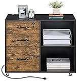 Topeakmart File Cabinet with Power Outlet Vintage File Cabinet Mobile Letter Size File Organization Unit Mobile Lateral Filing Cabinet Printer Stand for Home and Office Black/Rustic Brown