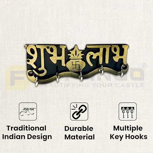 Image of Key Holder for Wall /Zinc Metal Key Stand with 5 Hooks /Decorative Wall Key Hanger for Home, Entryway & Office /Vintage Style Key Organizer (Shubh Labh Key Holder)-| 3 Years Warranty |