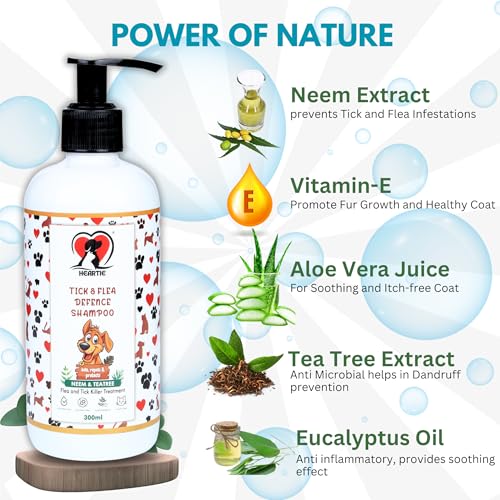Image of HEARTIE Tick and Flea Defence Shampoo | 300 ml Paraben Free Anti tick Shampoo & Flea Remover | Dog Ticks Shampoo & Cat Shampoo with Neem, Aloe Vera, Tea Tree, Vitamin E | Dog Shampoo for Tick