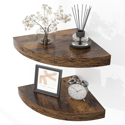 Image of Fun Memories Floating Corner Shelves Set of 2 - Rustic Wood Wall Mounted Storage and Display Shelves for Living Room, Bedroom, Kitchen, Bathroom - Space Saving Home Decor, Brown