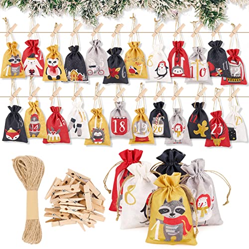 24pcs Calendrier de l'Avent Sachet en Jute avec Chiffres Compte à Rebours de 24 Jours et 24pcs Clips Bois avec Corde de Chanvre Noël Poche Pochette à Remplir Décoration Noël