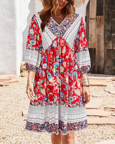 Image of BTFBM Women Casual Spring Summer Dresses V Neck 3 /4 Long Sleeve Ruffle Floral Flowy Boho Babydoll Mini Short Beach Dress
