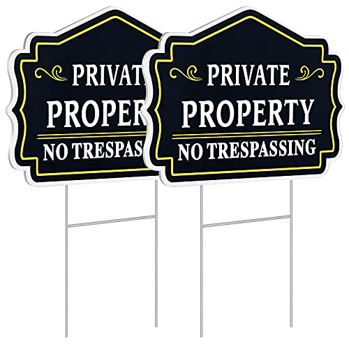 HISVISION 2 Pack No Trespassing Private Property Sign with Stakes, 12" x 9" No Trespassing Yard Sign, 5mm Corrugated Plastic Double Sided, UVresistance, Waterproof, Non-Fading, Easy to Install