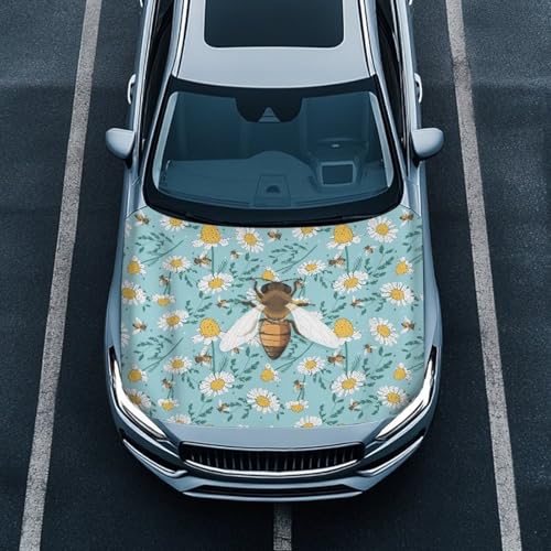 Image of Car Hood Cover Protector,Comfortable Breathable Print Polyester Hood Covers for Cars,Decoration Universal Car Accessories Bee Daisy